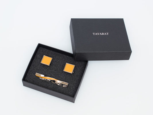 ツイストネクタイピン カフスセット 本革はめ込み