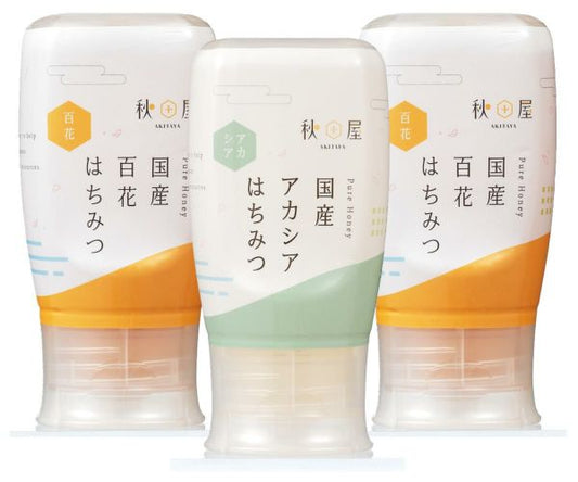 国産はちみつ300g百花2本+アカシア1本セット（倒立）