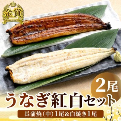 うなぎ紅白2尾セット【国産うなぎ長蒲焼(中)＆白焼き 各1尾】（風呂敷付）