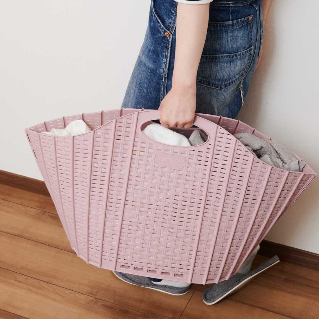 【清水産業】折りたためるランドリーバスケット ラタン