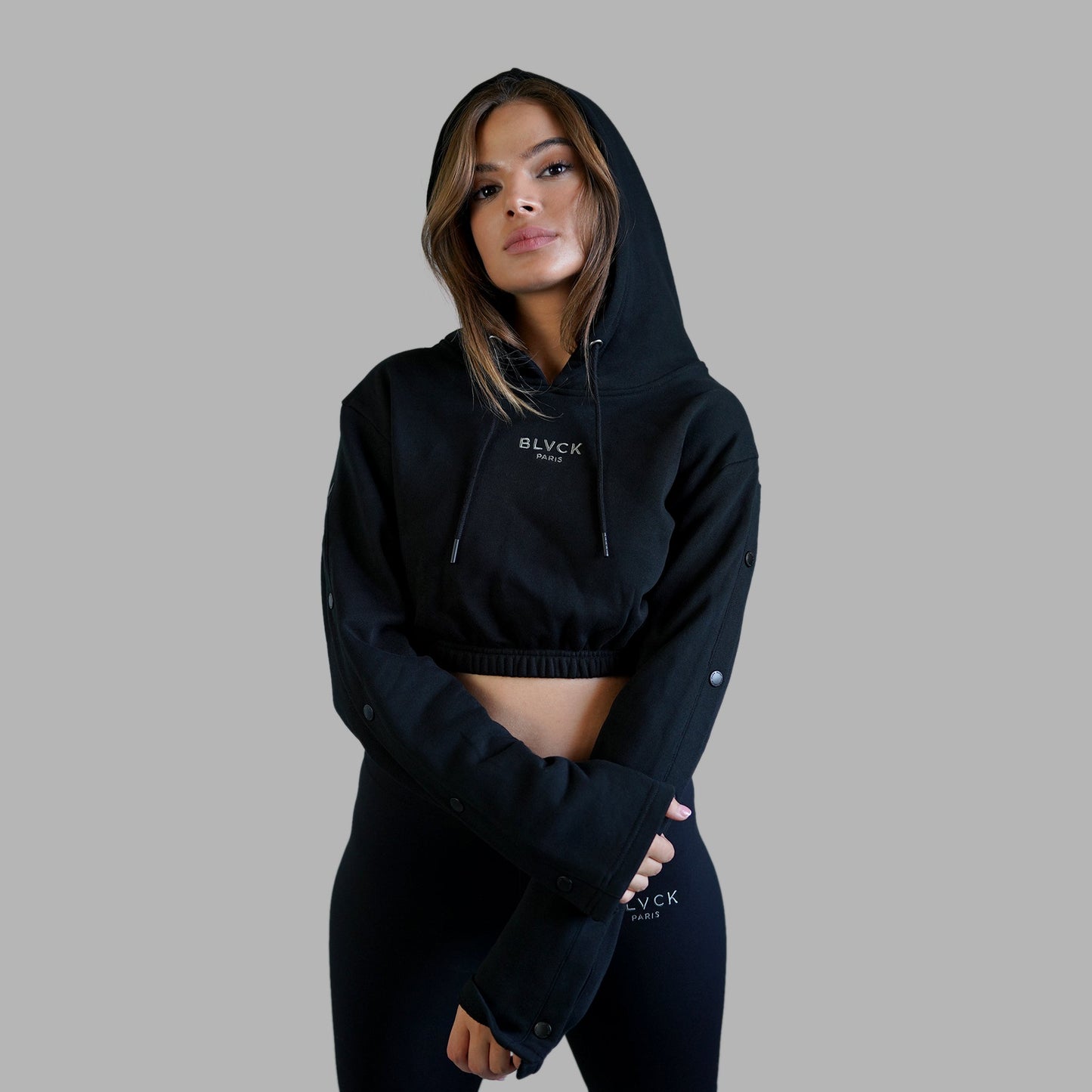 BUTTON CROPPED HOODIE | TERRY COTTON（black / S）